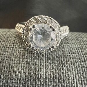 Silver Tone Faux Diamond Halo Statement Ring Size 8 Regal Y2K